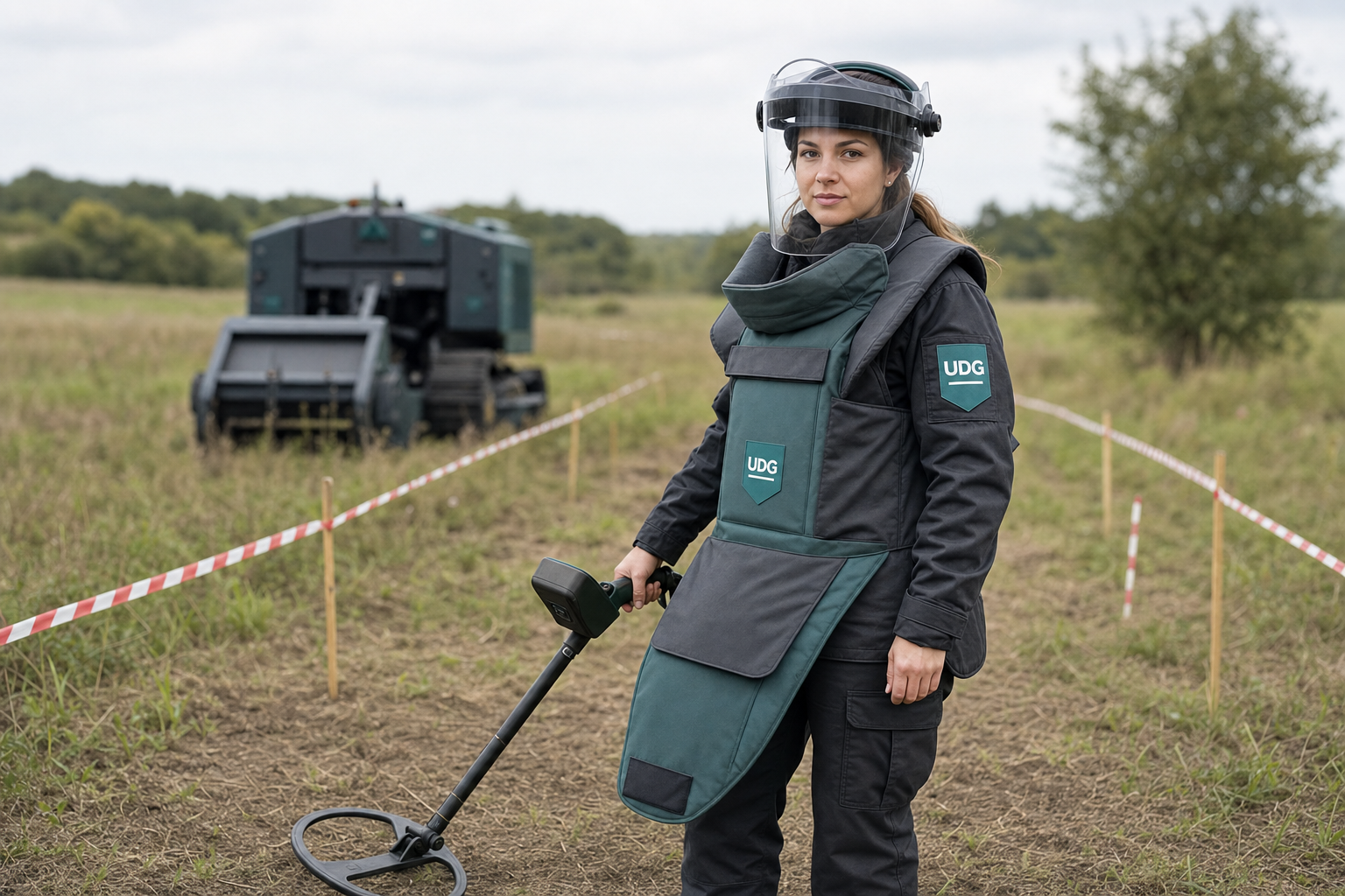 Фахівчиня UDG з гуманітарного розмінування у захисному спорядженні