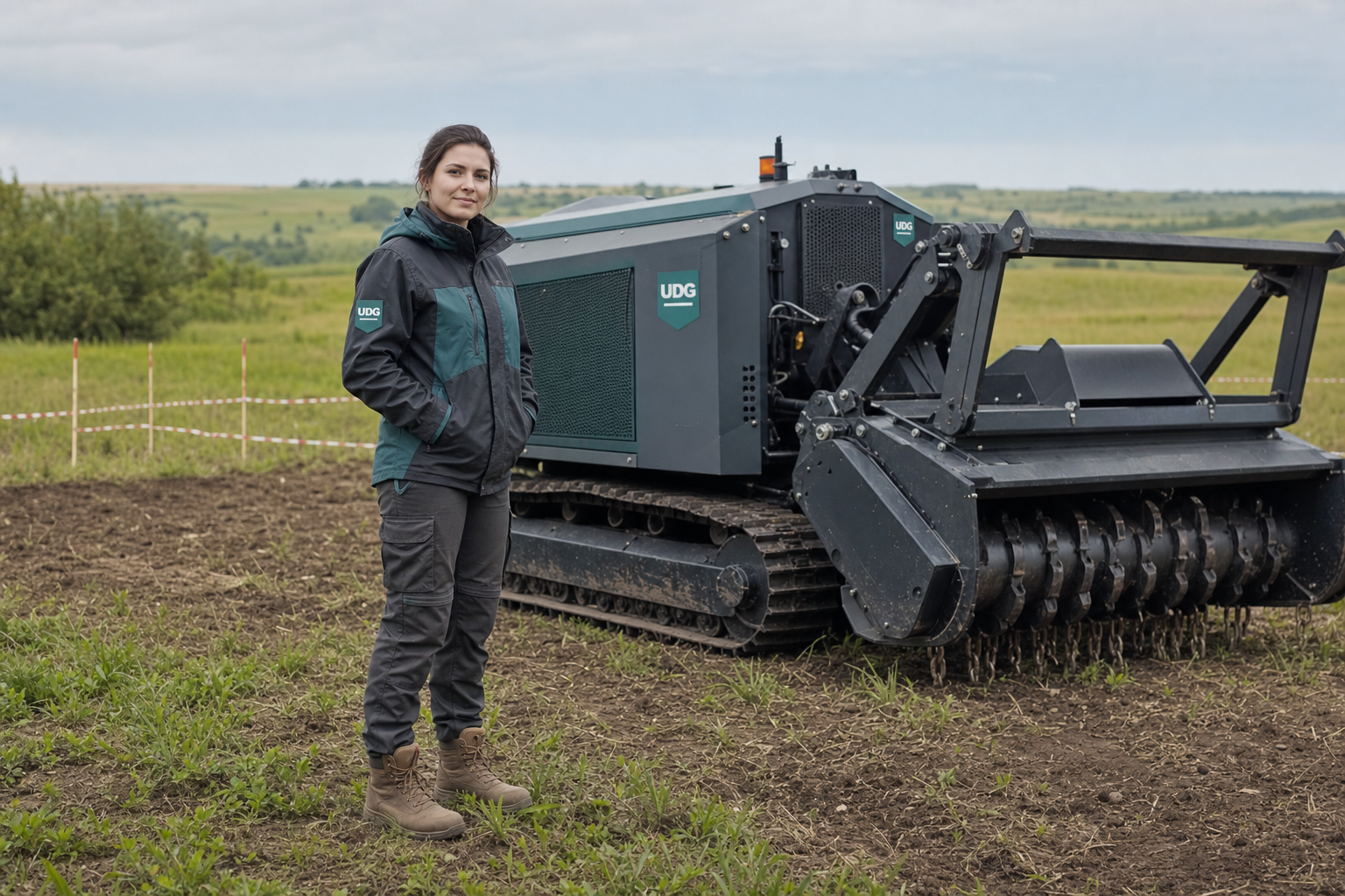 Фахівчиня UDG поруч із машиною механізованого розмінування на українському полі